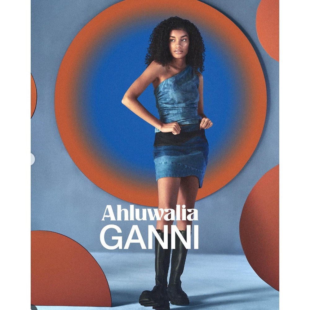 Ahluwalia x GANNI Upcycled Deadstock Denim Wavy Patchwork Stretch Skirt Size‎ 32